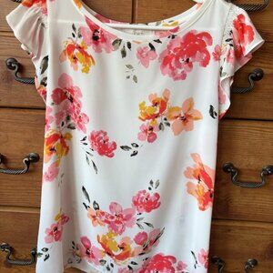 LOFT mixed media floral blouse with flutter sleeves